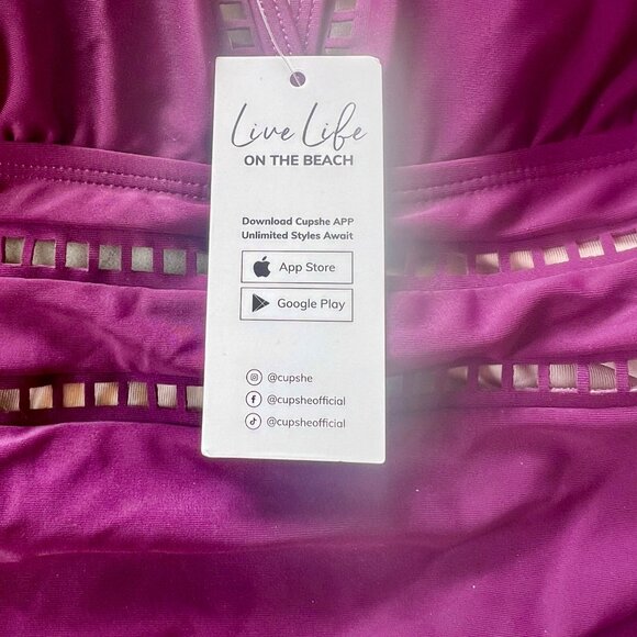 CUPSHE Purple V-Neck Cut-Out Pattern Tankini Adjustable Straps Hook Back Size Sm - Picture 13 of 16